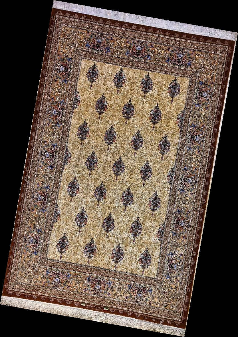 Angled view of a luxurious Persian rug with a rich blend of silk and wool, showcasing intricate patterns and craftsmanship. Designed by the late master Hassan Dardashtie, this rug is a rare collector's piece.